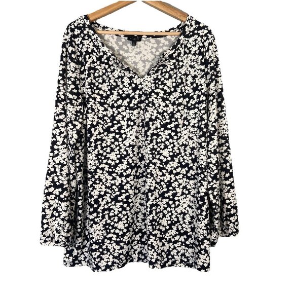 Talbots Top Blouse Black and White Floral Size 1X Spring Classic Long Sleeve - Picture 1 of 9